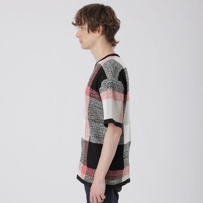 テクスチャーミックスクレストブリッジチェックニットTシャツ | BLACK