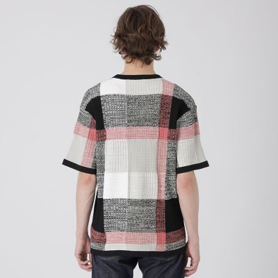 テクスチャーミックスクレストブリッジチェックニットTシャツ | BLACK