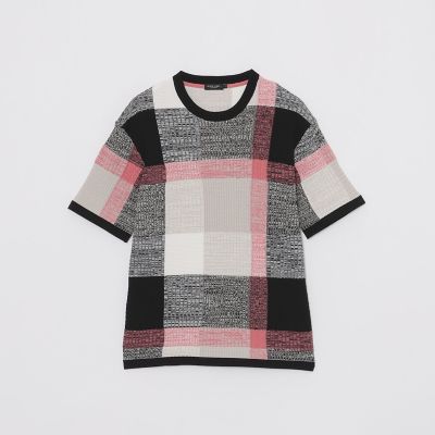 テクスチャーミックスクレストブリッジチェックニットTシャツ | BLACK