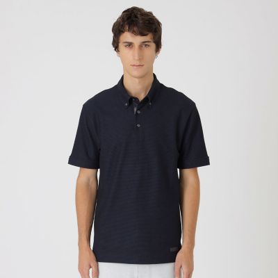 一部店舗限定】チェックコンビハニカムボタンダウンポロシャツ | BLACK