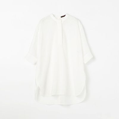 ホワイトコンビネーション　スタンドネックチュニックブラウス
