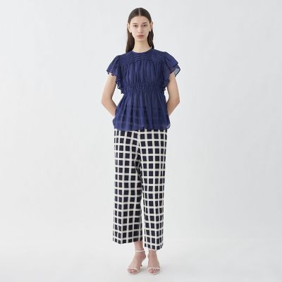 コットンシルク　シャーリングラッフルスリーブブラウス
