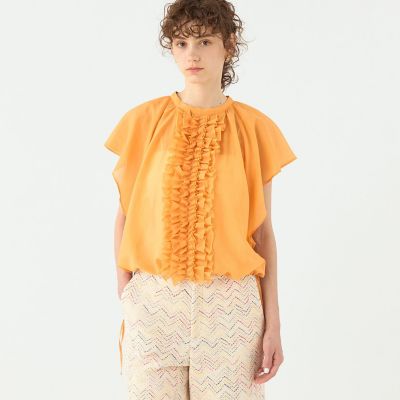 コットンシルクシャンブレー　ラッフルブラウス