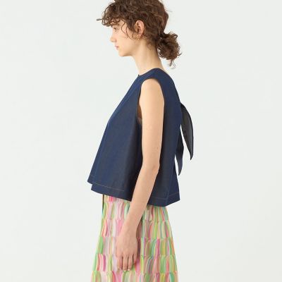 【予約商品６月下旬以降順次お届け】コットンシルクデニム　バックリボンブラウス