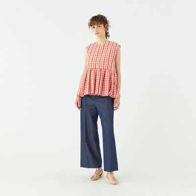 【予約商品６月下旬以降順次お届け】ピコロールギンガムチェック　ペプラムブラウス