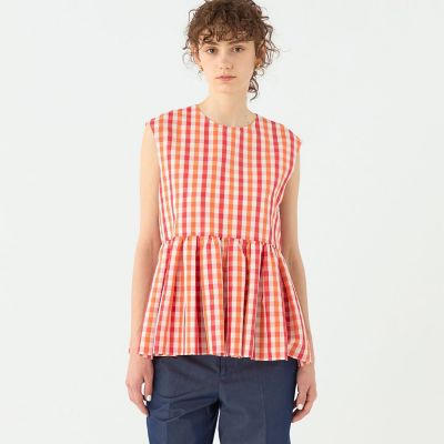 【予約商品６月下旬以降順次お届け】ピコロールギンガムチェック　ペプラムブラウス