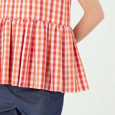 【予約商品６月下旬以降順次お届け】ピコロールギンガムチェック　ペプラムブラウス