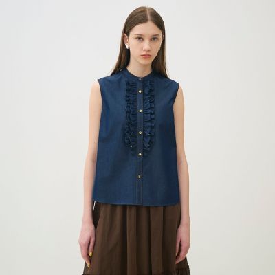 コットンシルクデニム ラッフルスリーブレスブラウス | maison
