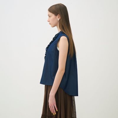コットンシルクデニム ラッフルスリーブレスブラウス | maison