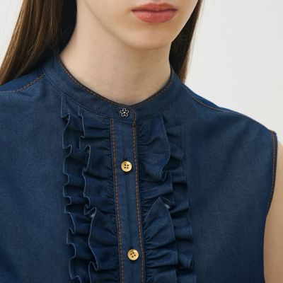 コットンシルクデニム ラッフルスリーブレスブラウス | maison
