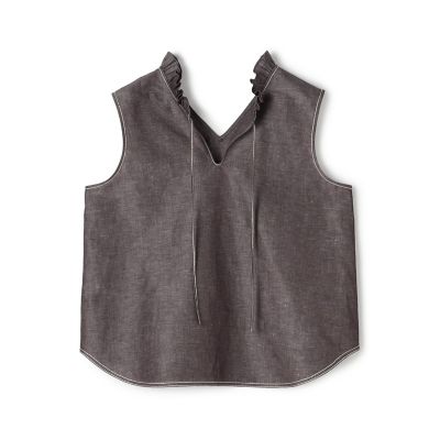 コットンリネンシャンブレー フロンタブルノースリーブブラウス