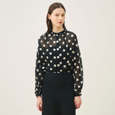 GANNI✨ポルカドットブラウス　定価7万　ビジュー　ロゴ　白　黒　ギャザー ポルカドットプリント ギャザーブラウス | maison TOMORROWLAND/メゾン
