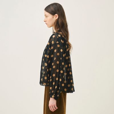 GANNI✨ポルカドットブラウス　定価7万　ビジュー　ロゴ　白　黒　ギャザー ポルカドットプリント ギャザーブラウス | maison TOMORROWLAND/メゾン