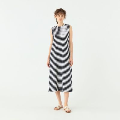 【予約商品６月下旬以降順次お届け】パイルボーダー　スリーブレスワンピース