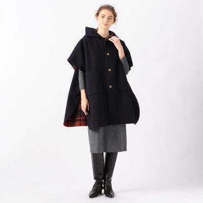 ウールカシミヤリバータータンチェック　フーデッドポンチョ