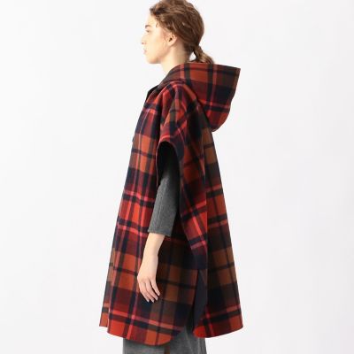 ウールカシミヤリバータータンチェック　フーデッドポンチョ