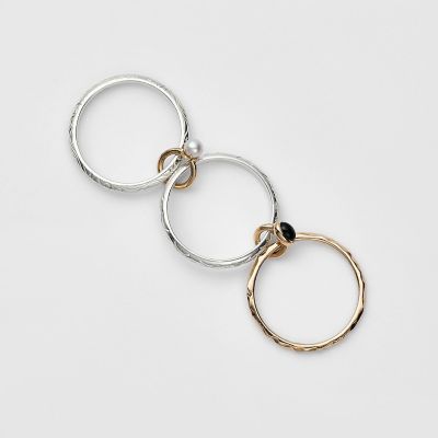 シルバー／K10カルセドニー／淡水パール3連リング（L） | agete