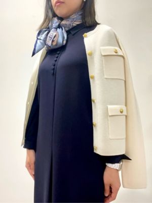 ロングスリーブ ミラノリブ ゴールドボタン ノーカラーニット