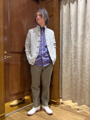 メリノウール ドネガル アランケーブル モックネックカーディガン