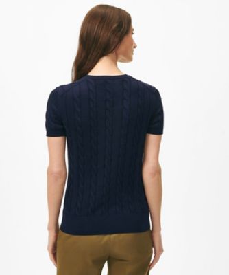 送料無料】スーピマコットン ケーブル クルーネック ショートスリーブ