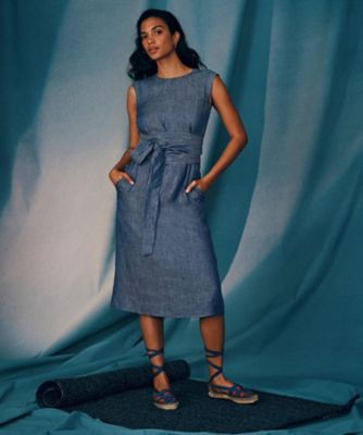 リネン インディゴ ワイドベルテッド ノースリーブワンピース | Brooks