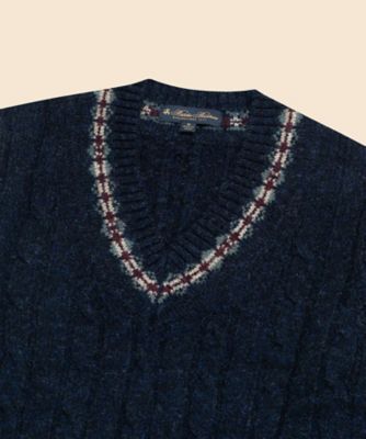 ◎ アイスフル ウール ケーブル フェアアイルトリム Vネックテニスセーター