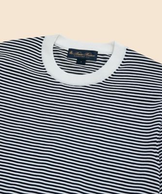 コットン／シルク ストライプ クルーネック ショートスリーブセーター