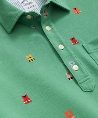 Brooks Brothers コットンピケ テニスラケットプリントポロシャツS スーピマコットンストレッチ ピケ GFロゴ ポロシャツ Slim Fit