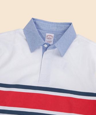 BROOKSBROTHERS　 ラガーシャツ 赤と紺 ストライプ 大人が着たいラガーシャツは涼しげニットと伝統柄がミソ！｜雑誌