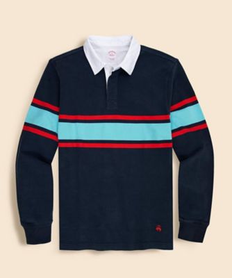 BROOKSBROTHERS　 ラガーシャツ 赤と紺 ストライプ 大人が着たいラガーシャツは涼しげニットと伝統柄がミソ！｜雑誌