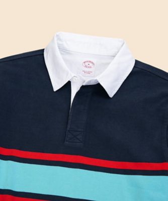 BROOKSBROTHERS　 ラガーシャツ 赤と紺 ストライプ 大人が着たいラガーシャツは涼しげニットと伝統柄がミソ！｜雑誌