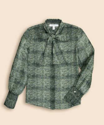 ＜Brooks Brothers＞ポリエステルジョーゼット　ツイードファブリックプリント　ボウブラウス