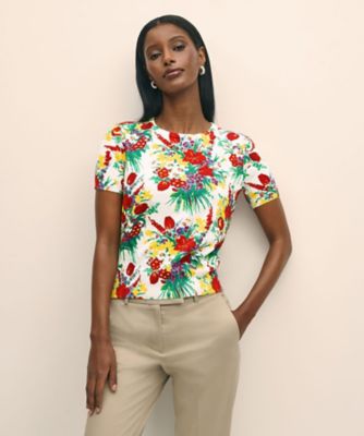 ＜Brooks Brothers＞コットン　フラワープリント　クルーネック　ショートスリーブセーター