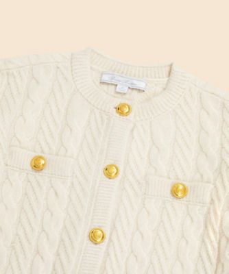 メリノウール／カシミヤ ケーブル ゴールドボタン クルーネック