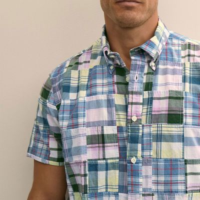 コットン マドラスパッチワーク ショートスリーブ カジュアルシャツ