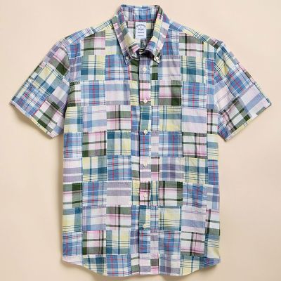 コットン マドラスパッチワーク ショートスリーブ カジュアルシャツ