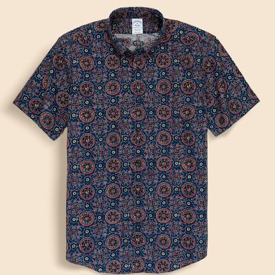 ＜Brooks Brothers＞コットン　ブロックプリントパターン　ジオメトリックメダリオン　オープンカラーシャツ　Ｒｅｇｕｌａｒ　Ｆｉｔ