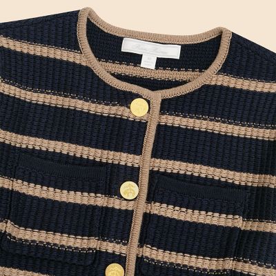 コットン GFゴールドボタン ストライプ ノーカラーニットジャケット