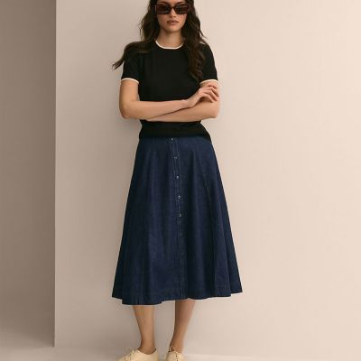 デニム ボタンフロント Aライン ミディスカート | Brooks Brothers
