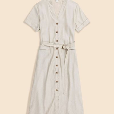  リネンベルテッドショートスリーブワンピース リネンブレンド Vネックベルテッド ショートスリーブ シャツ