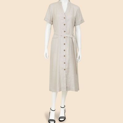 リネンブレンド Vネックベルテッド ショートスリーブ シャツ