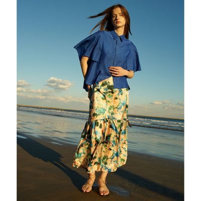 リネン混スラブケープスリーブブラウス