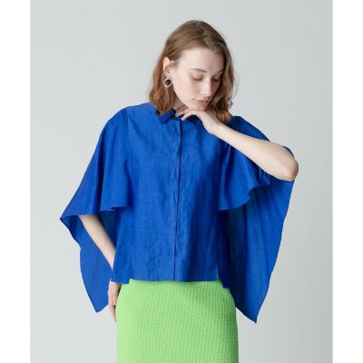 リネン混スラブケープスリーブブラウス