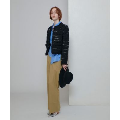 出品1/20迄　最終お値下げ☆アイボリー ウールジャケット セットアップ対応】ファンシーツイード ノーカラー ジャケット （ノー