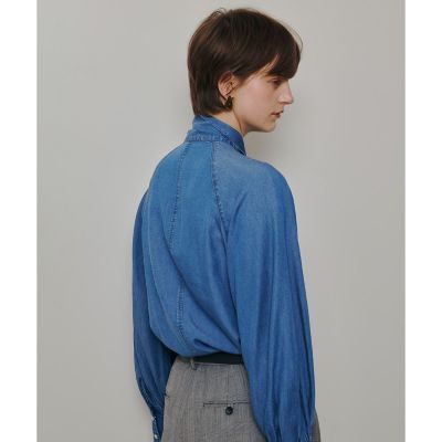 Elura】デニム ボウタイブラウス パール調ボタン F 青 通勤 上品 