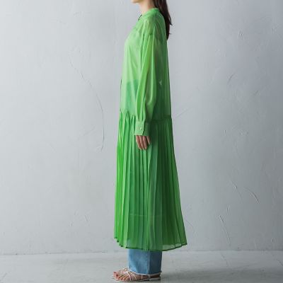 裾プリーツ切り替えシアーシャツワンピース≪洗濯機で洗える≫