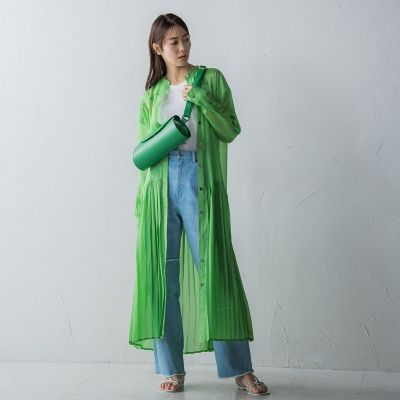 裾プリーツ切り替えシアーシャツワンピース≪洗濯機で洗える≫