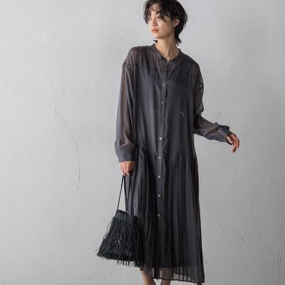 裾プリーツ切り替えシアーシャツワンピース≪洗濯機で洗える≫