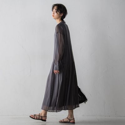 裾プリーツ切り替えシアーシャツワンピース≪洗濯機で洗える≫