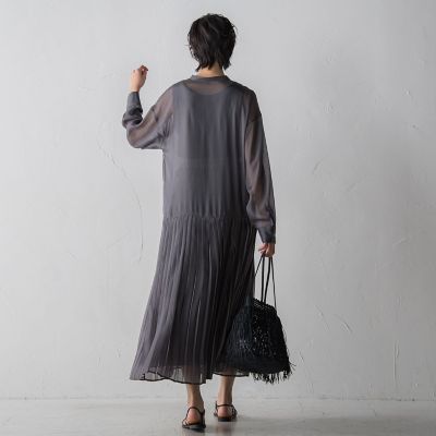 裾プリーツ切り替えシアーシャツワンピース≪洗濯機で洗える≫